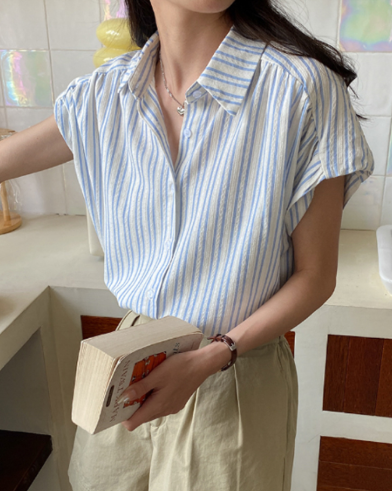 스트라이프 반팔 블라우스