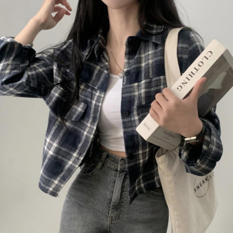 세미크롭 체크 셔츠