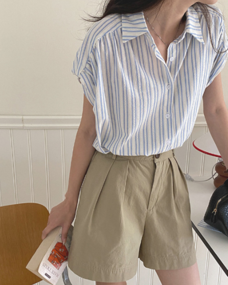 스트라이프 반팔 블라우스
