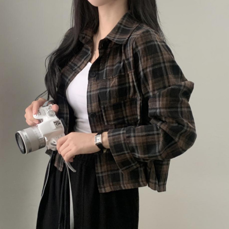 세미크롭 체크 셔츠