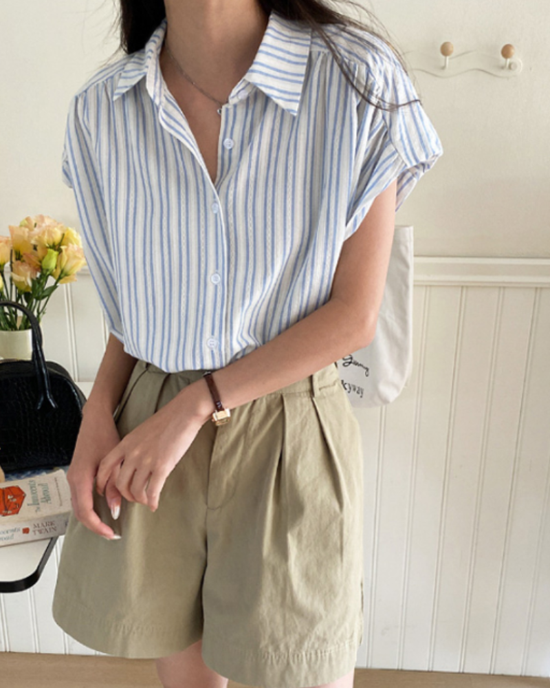 스트라이프 반팔 블라우스