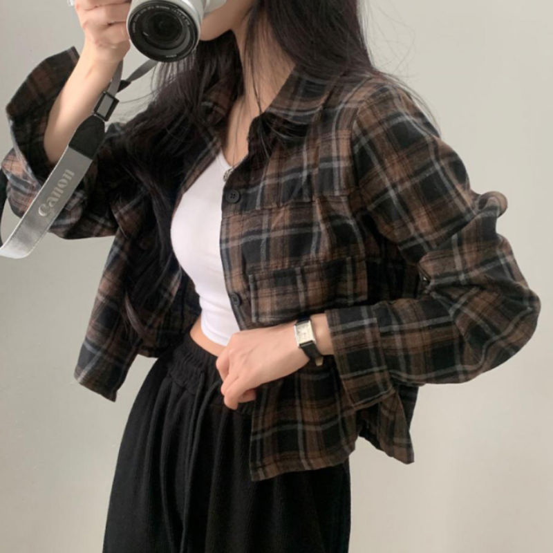 세미크롭 체크 셔츠