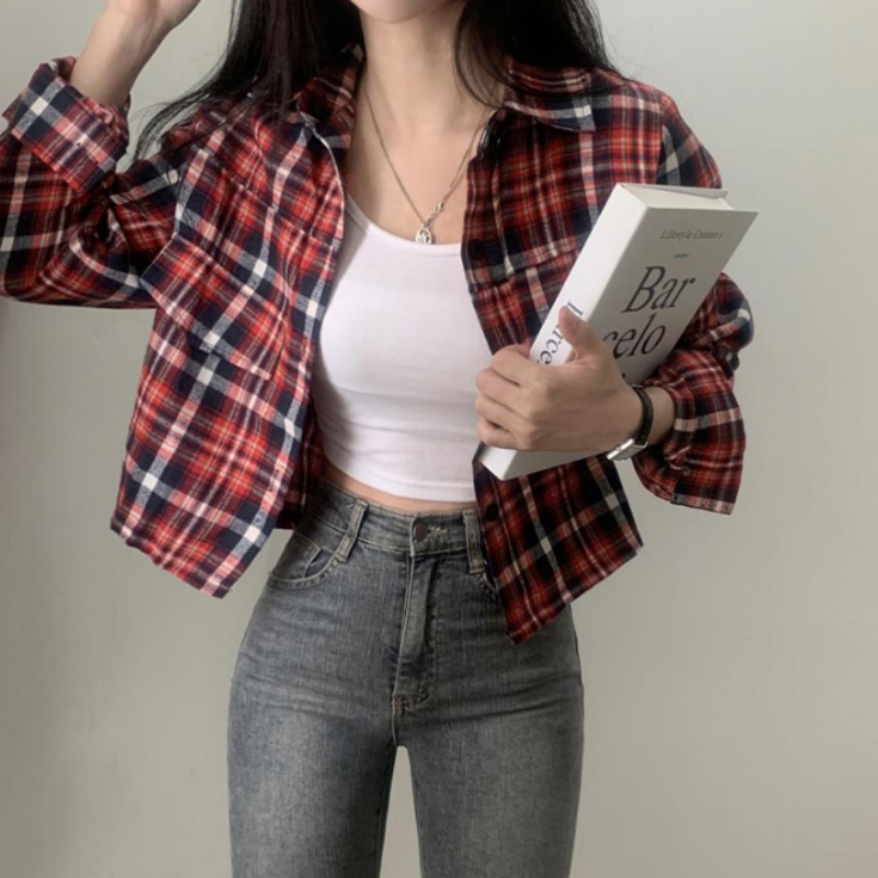 세미크롭 체크 셔츠